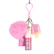 Fluffy Charm 3-Piece Lip Care Kit Keychain - Includes Lip Gloss, Lip Balm, and Pom-Pom Accessory (XP340)