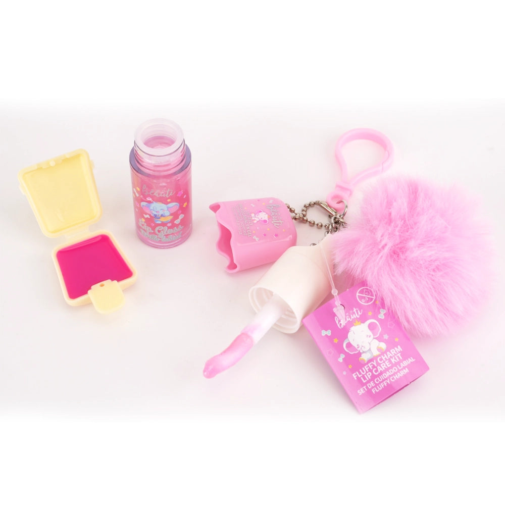 Fluffy Charm 3-Piece Lip Care Kit Keychain - Includes Lip Gloss, Lip Balm, and Pom-Pom Accessory (XP340)
