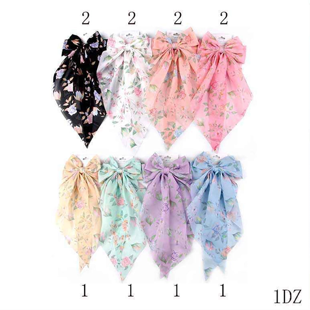 Floral Bow Hair Clip with Long Ribbon Streamer – Large Chiffon Scarf Ponytail Holder, Elegant French Alligator Hair Barrette for Women and Girls (Pack of 12) (YBR-1928)