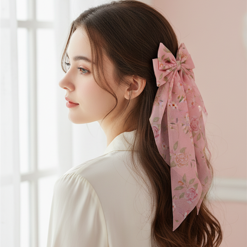 Floral Bow Hair Clip with Long Ribbon Streamer – Large Chiffon Scarf Ponytail Holder, Elegant French Alligator Hair Barrette for Women and Girls (Pack of 12) (YBR-1928)