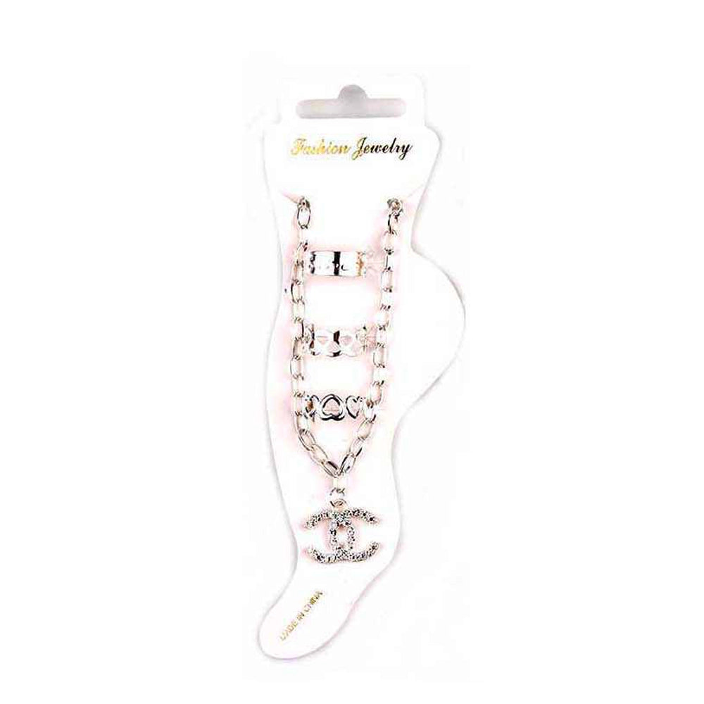 Silver Tone Layered Rhinestone Anklet – Designer Inspired CC Logo Charm, Love Bar & Heart Link Chain