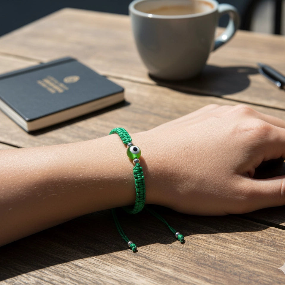 Green Evil Eye Protection Bracelet - Adjustable Woven String Nazar Amulet