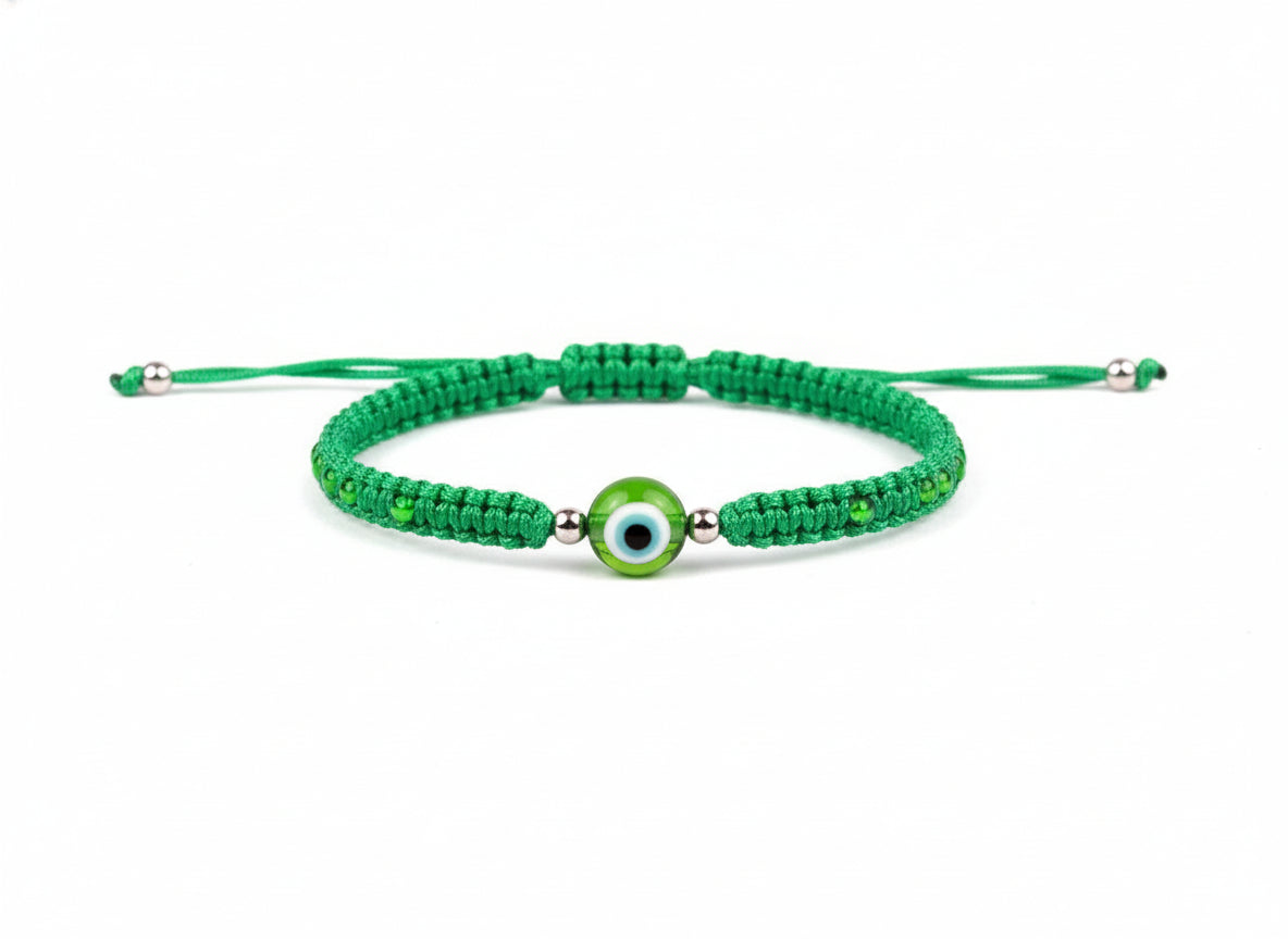 Green Evil Eye Protection Bracelet - Adjustable Woven String Nazar Amulet