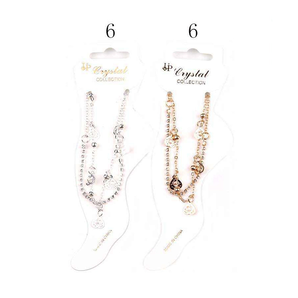 Elegant Heart Charm & Rhinestone Double-Layer Anklet (YBT-4600)