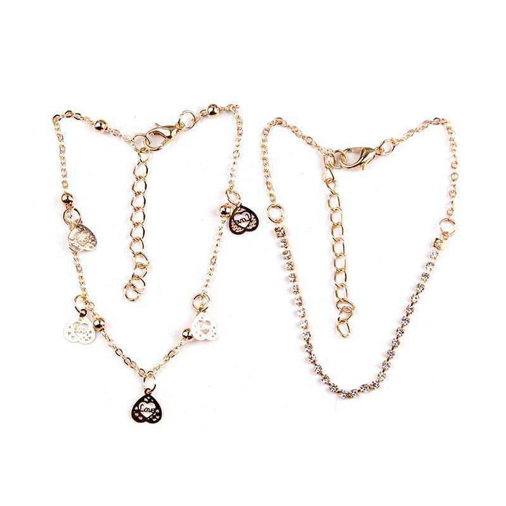 Elegant Heart Charm & Rhinestone Double-Layer Anklet (YBT-4600)