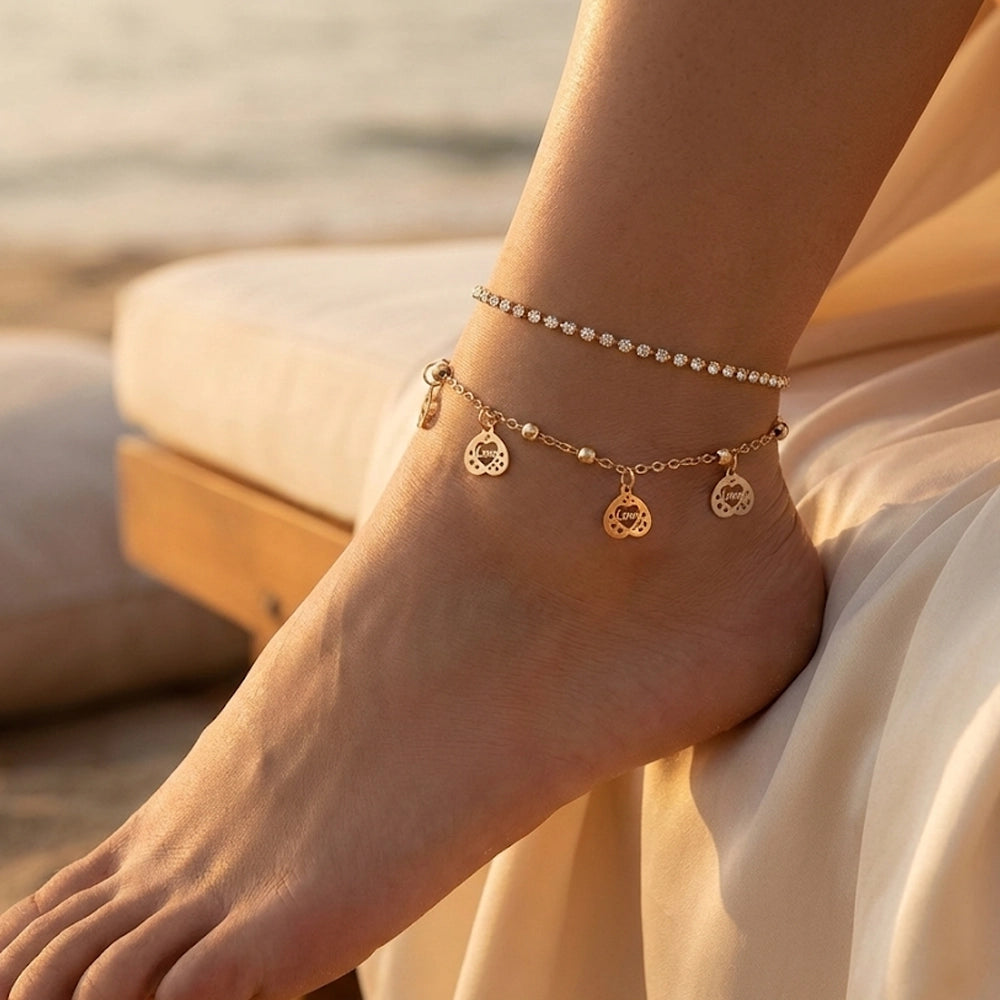 Elegant Heart Charm & Rhinestone Double-Layer Anklet (YBT-4600)