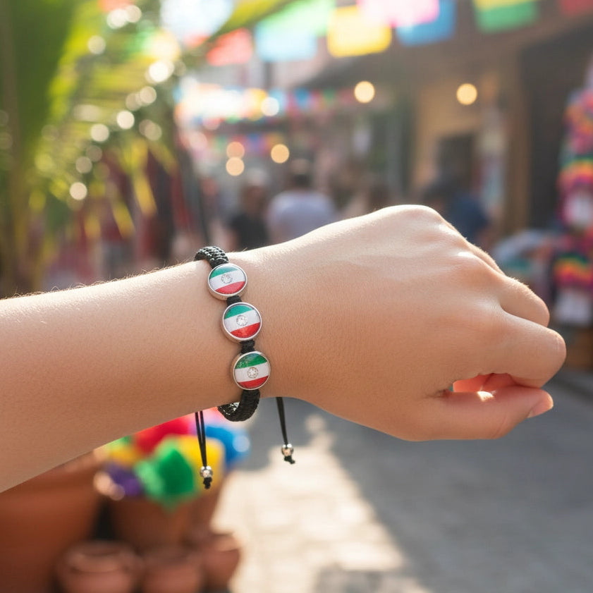 Mexico Flag Adjustable Black Macrame Bracelet Set