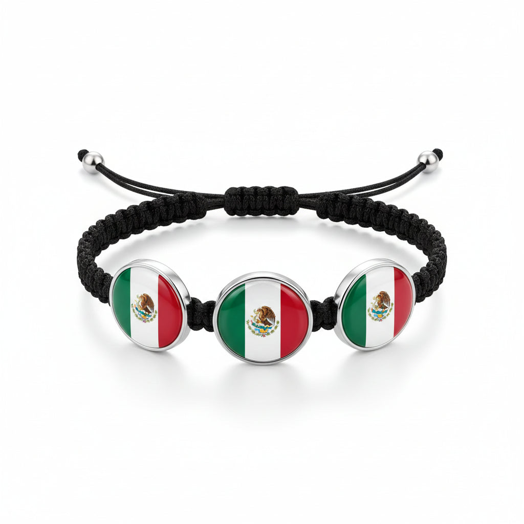 Mexico Flag Adjustable Black Macrame Bracelet Set