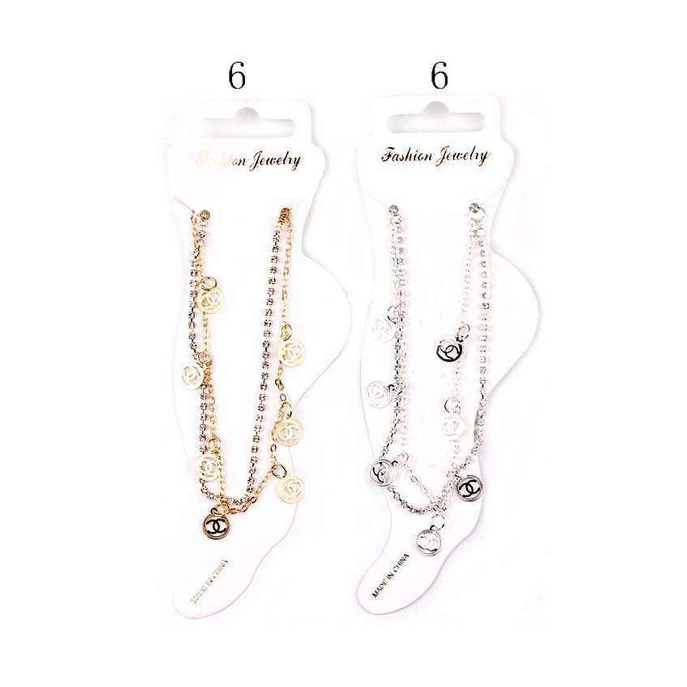 Elegant Double-Layer Rhinestone Anklet with Interlocking Logo Charms – Gold & Silver (YBT-5142)