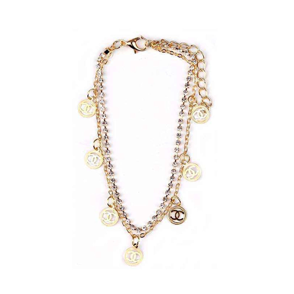 Elegant Double-Layer Rhinestone Anklet with Interlocking Logo Charms – Gold & Silver (YBT-5142)