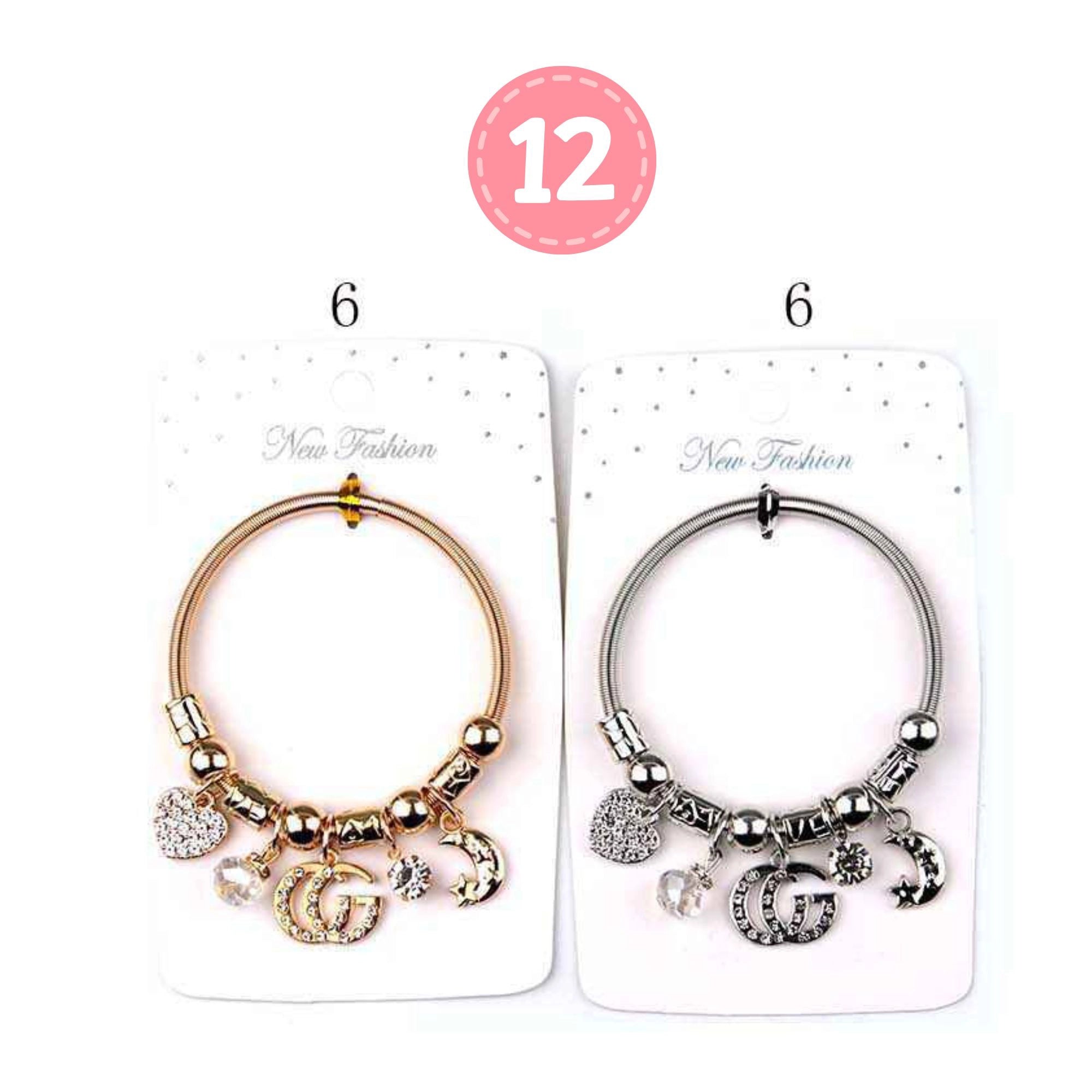 Rhinestone Charm Bangle Bracelet – Moon, Heart & Letter Pendant Design
