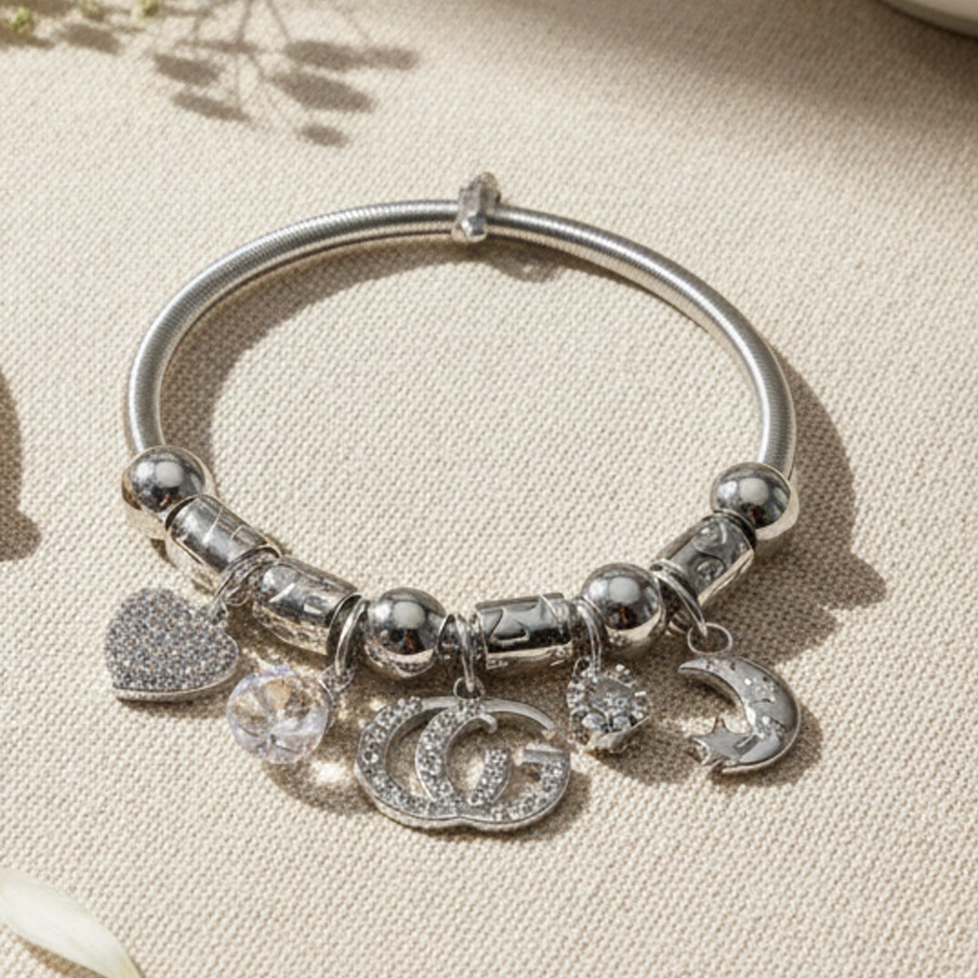 Rhinestone Charm Bangle Bracelet – Moon, Heart & Letter Pendant Design