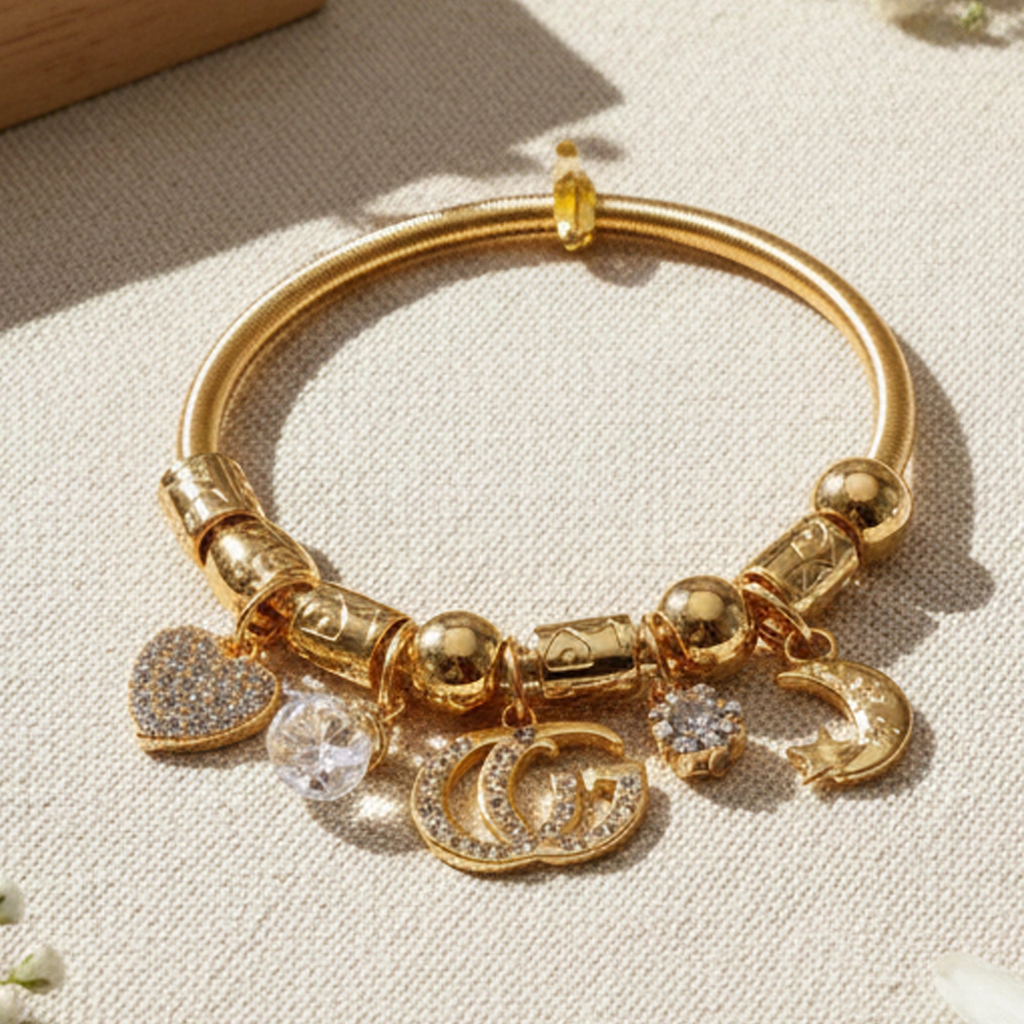 Rhinestone Charm Bangle Bracelet – Moon, Heart & Letter Pendant Design