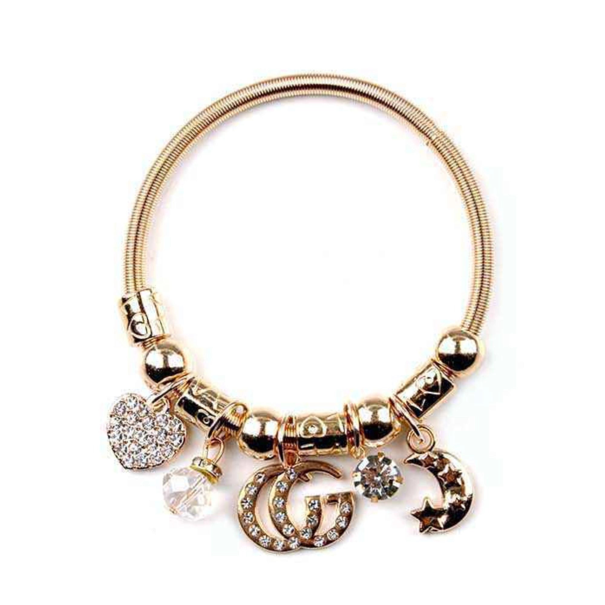 Rhinestone Charm Bangle Bracelet – Moon, Heart & Letter Pendant Design