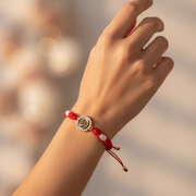 Our Lady of Guadalupe Red String Protection Bracelet – Adjustable Macrame Evil Eye Mal de Ojo Bracelet with Crystals and Faux Pearls, Religious Catholic Jewelry (YBT-5408)