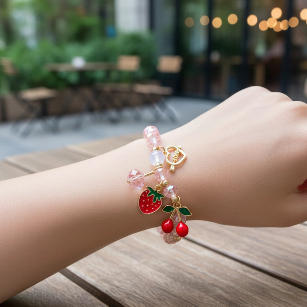 Beaded Charm Bracelet | Strawberry, Cherry & Heart “Love” Charms