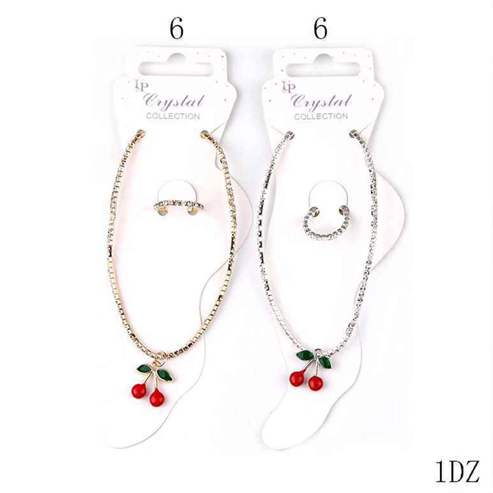 Sparkling Rhinestone Cherry Charm Bracelet & Ring Set - Cute Y2K Crystal Fruit Jewelry for Women & Girls (Gold / Silver) (YBT-5526)
