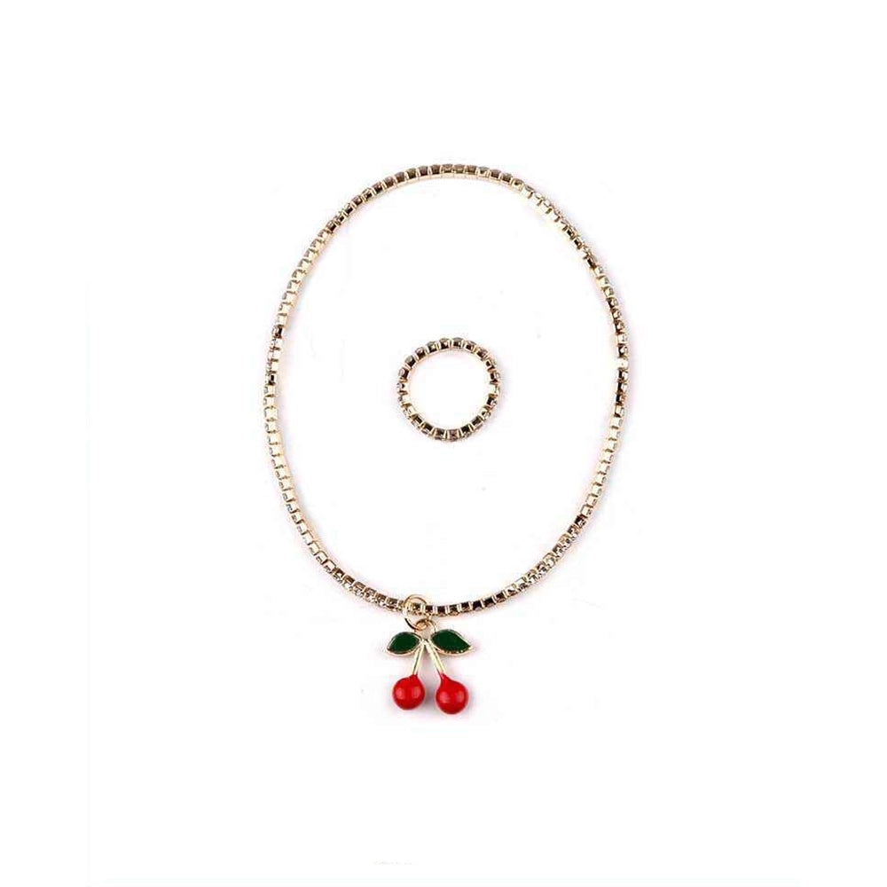 Sparkling Rhinestone Cherry Charm Bracelet & Ring Set - Cute Y2K Crystal Fruit Jewelry for Women & Girls (Gold / Silver) (YBT-5526)
