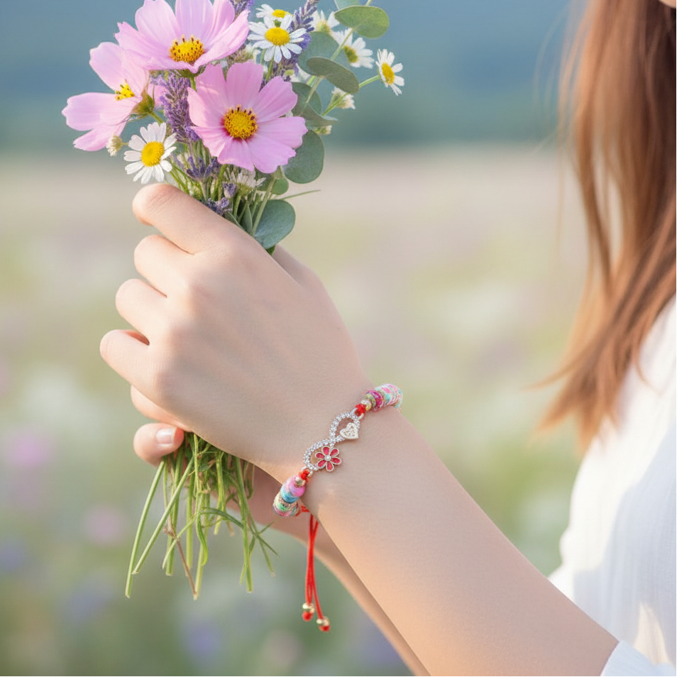 Sparkling Floral & Heart Infinity Charm Bracelet - Adjustable Red String Friendship Jewelry 12pc (YBT-5533)