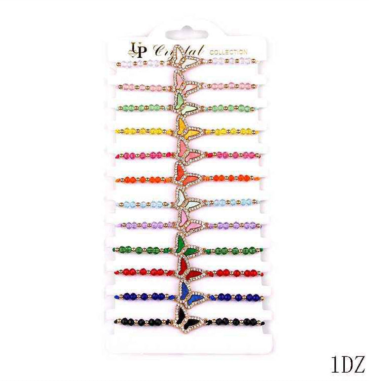 Rainbow Crystal Beaded Butterfly Charm Bracelet | Stackable Friendship Jewelry