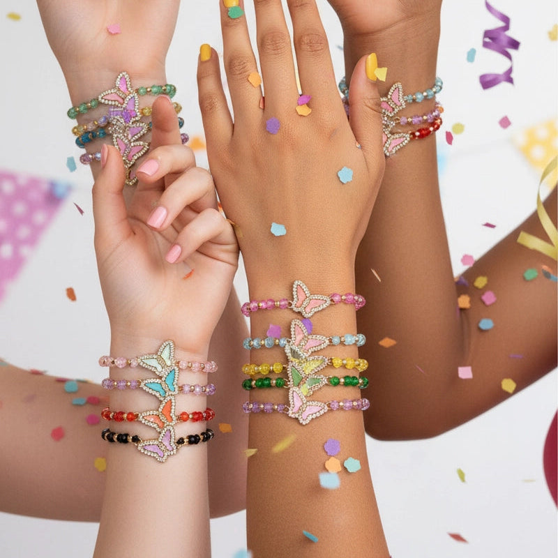Rainbow Crystal Beaded Butterfly Charm Bracelet | Stackable Friendship Jewelry