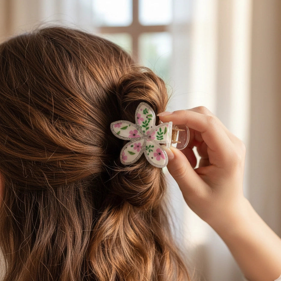 Vintage Bloom: Glitter-Edged Plumeria Hair Claw (YCP-3835)