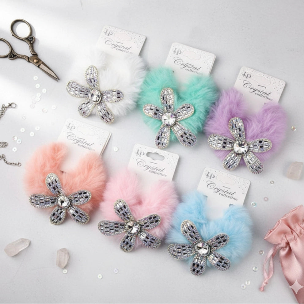 Sparkle & Fluff: Crystal Flower Furry Hair Ties