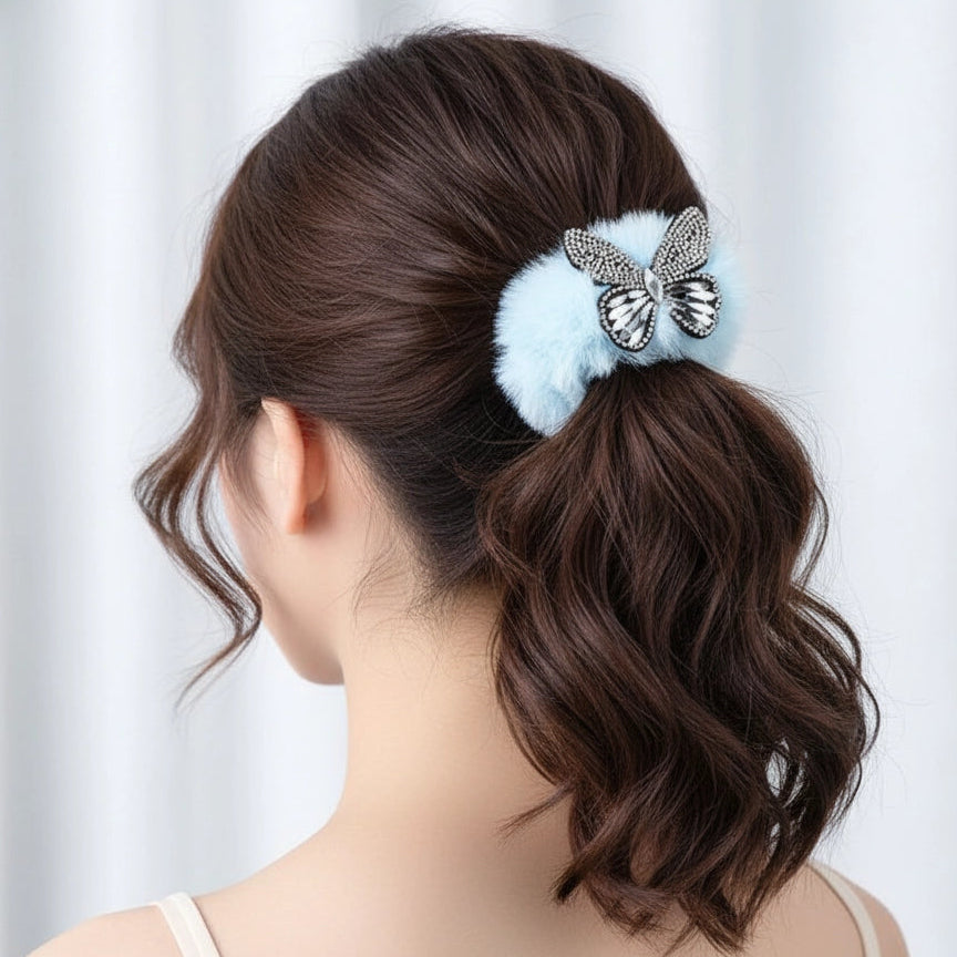 Sparkle & Fluff: Crystal Butterfly Furry Hair Ties