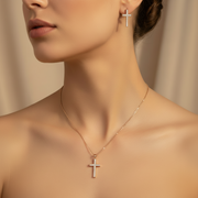 Crystal Cross Necklace and Stud Earrings Jewelry Set – Dainty Religious Pendant for Women & Girls (YNK-2422)
