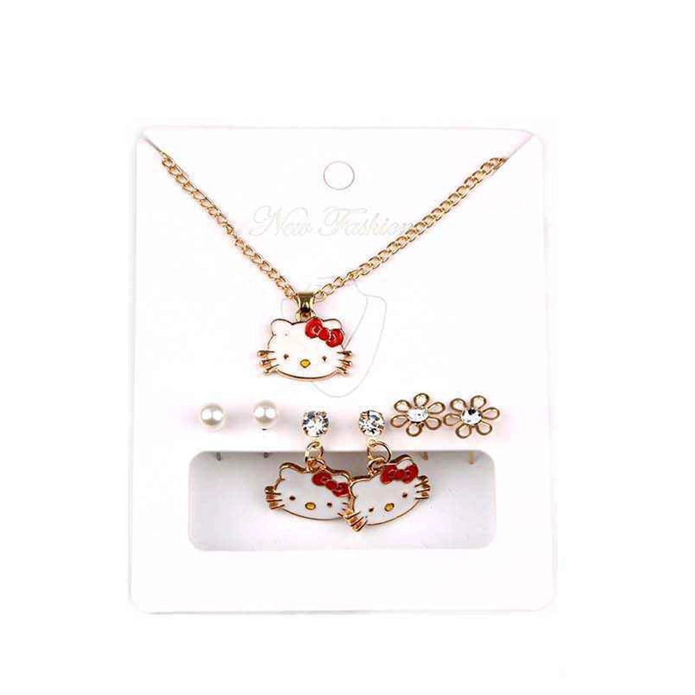 Kawaii Cartoon Cat Jewelry Set | Gold Tone Necklace & Multi-Style Earring Pack