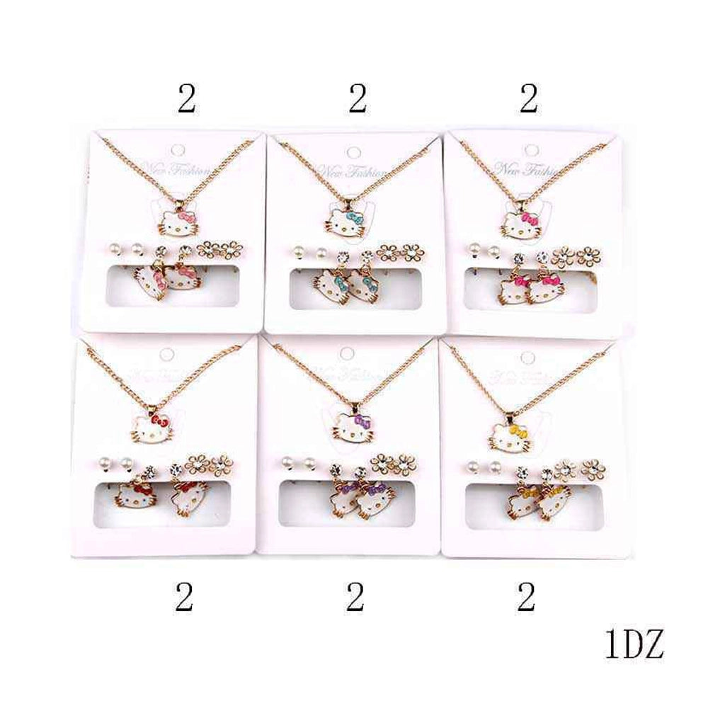 Kawaii Cartoon Cat Jewelry Set | Gold Tone Necklace & Multi-Style Earring Pack