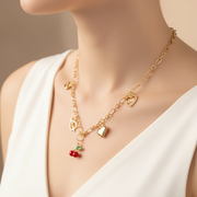 Gold & Silver Cherry Charm Necklace Set with Stud Earrings – Heart & "Love" Pendant Jewelry Set (42cm Chain) (YNK-2469)