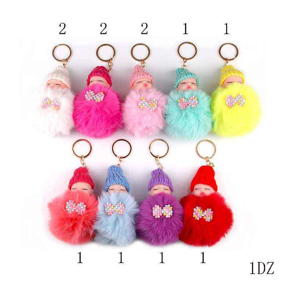 17cm Sleeping Baby Pom Pom Keychain – Fluffy Faux Fur Doll Bag Charm & Car Keyring 12pcs (YNV-1559)