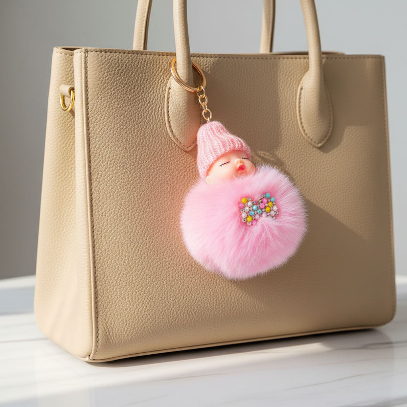 17cm Sleeping Baby Pom Pom Keychain – Fluffy Faux Fur Doll Bag Charm & Car Keyring 12pcs (YNV-1559)