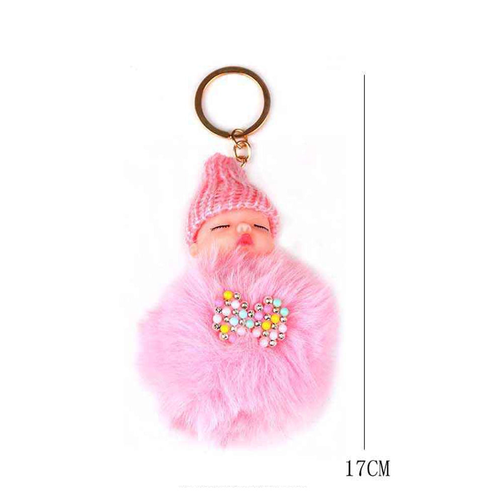 17cm Sleeping Baby Pom Pom Keychain – Fluffy Faux Fur Doll Bag Charm & Car Keyring 12pcs (YNV-1559)