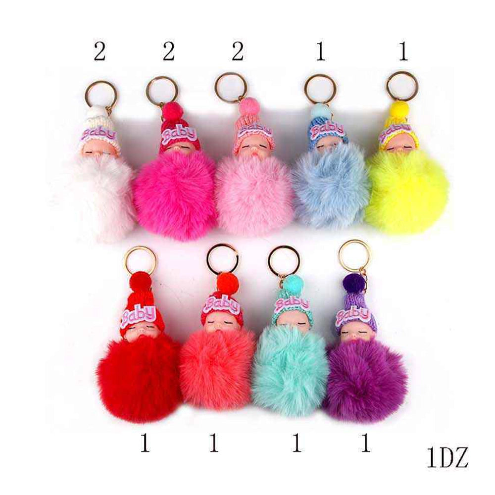 Sleeping Baby Doll Faux Fur Pom-Pom Keychain (YNV-1560)
