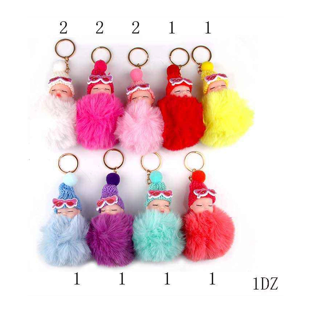 Sleeping Baby Doll Pom-Pom Keychain | Fluffy Faux Fur Bag Charm & Accessory (YNV-1561)