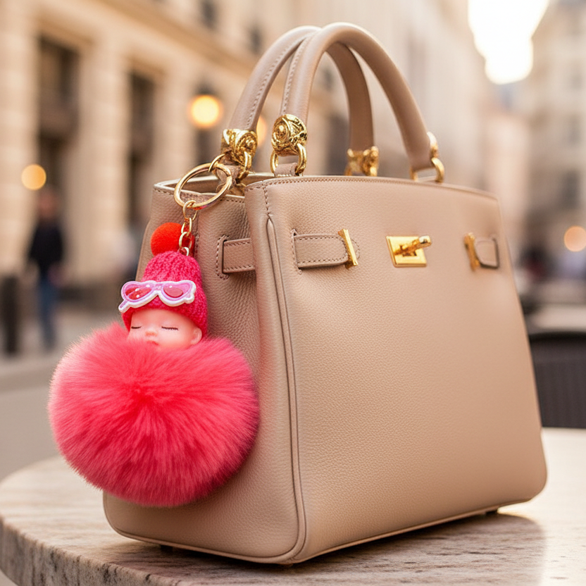 Sleeping Baby Doll Pom-Pom Keychain | Fluffy Faux Fur Bag Charm & Accessory (YNV-1561)