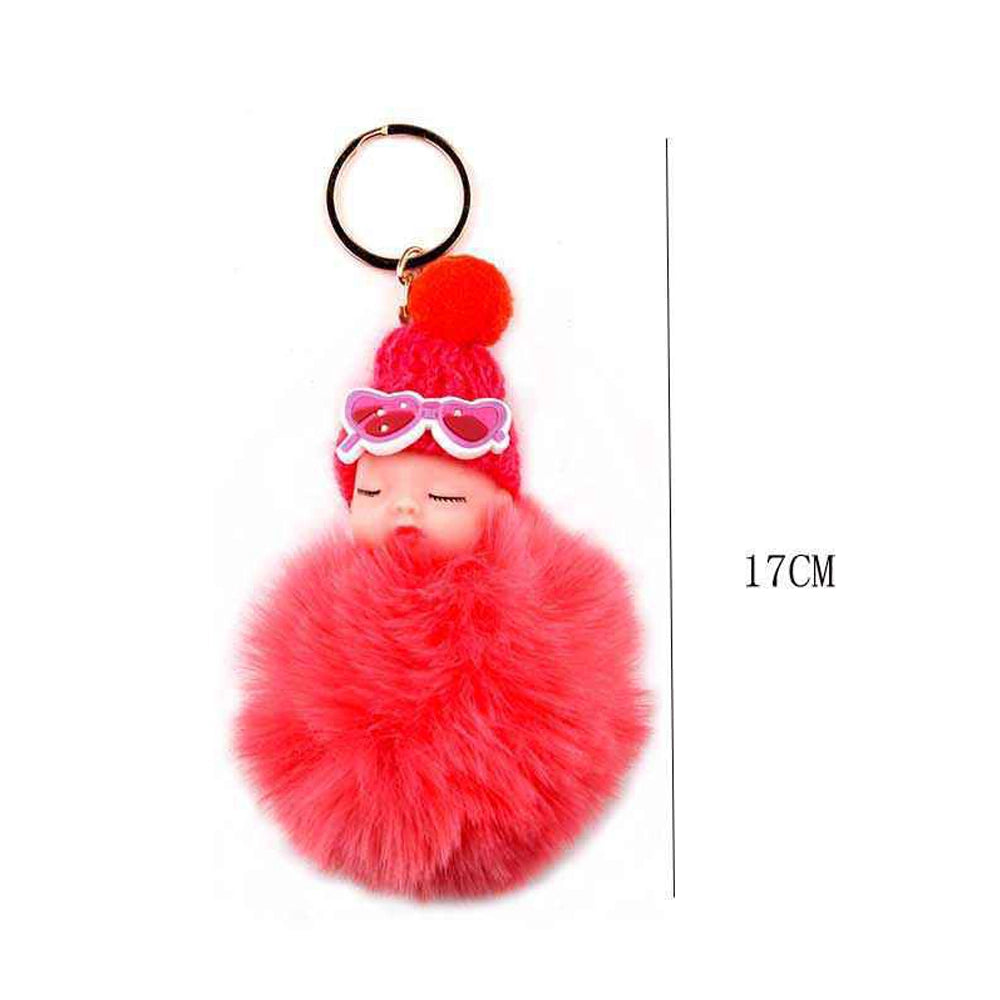 Sleeping Baby Doll Pom-Pom Keychain | Fluffy Faux Fur Bag Charm & Accessory (YNV-1561)