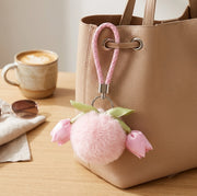 Tulip Flower Pom Pom Keychain | Cute Plush Faux Fur Bag Charm & Backpack Accessory | Pack of 12 (YNV-1588)