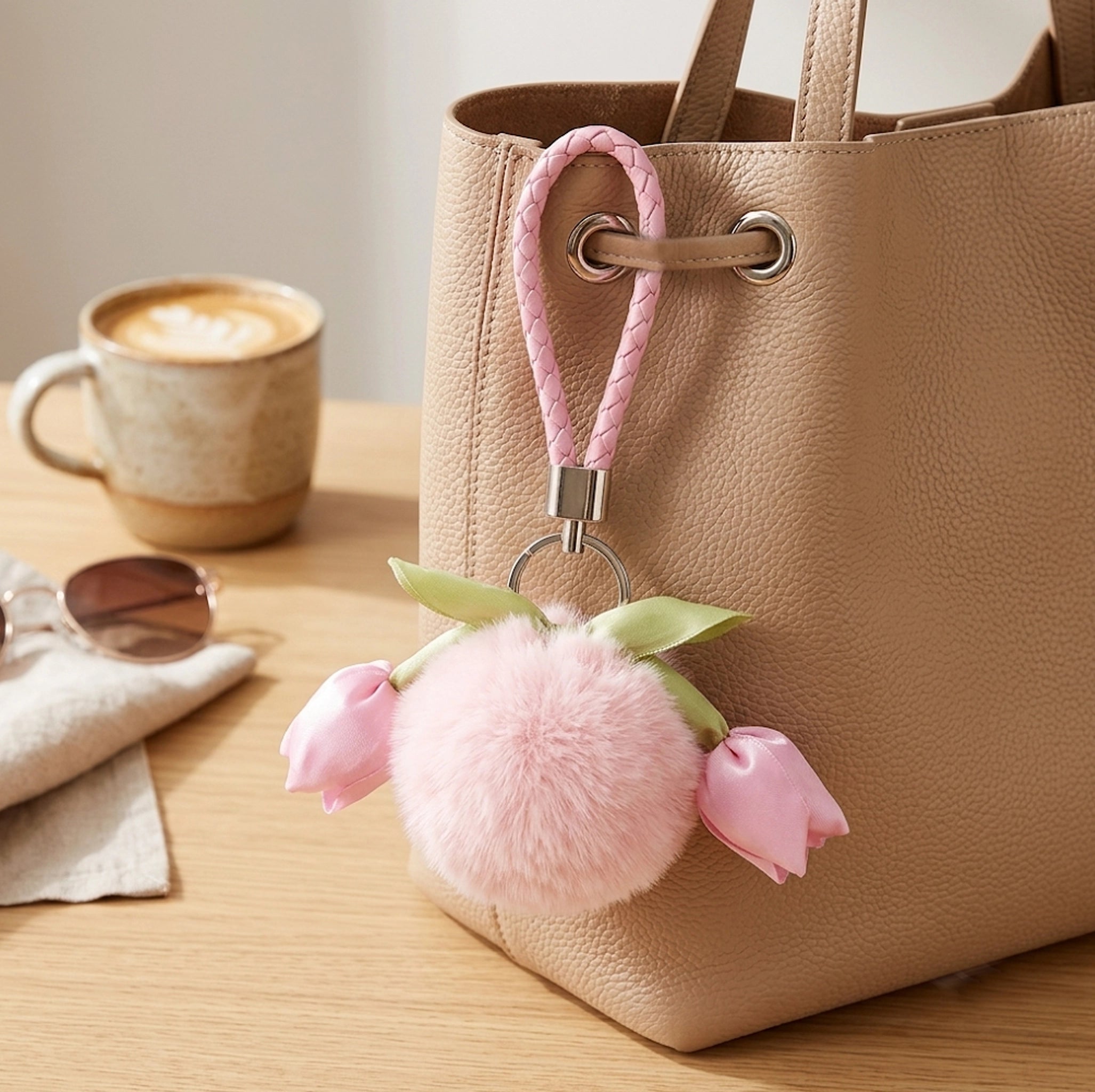 Tulip Flower Pom Pom Keychain | Cute Plush Faux Fur Bag Charm & Backpack Accessory | Pack of 12 (YNV-1588)