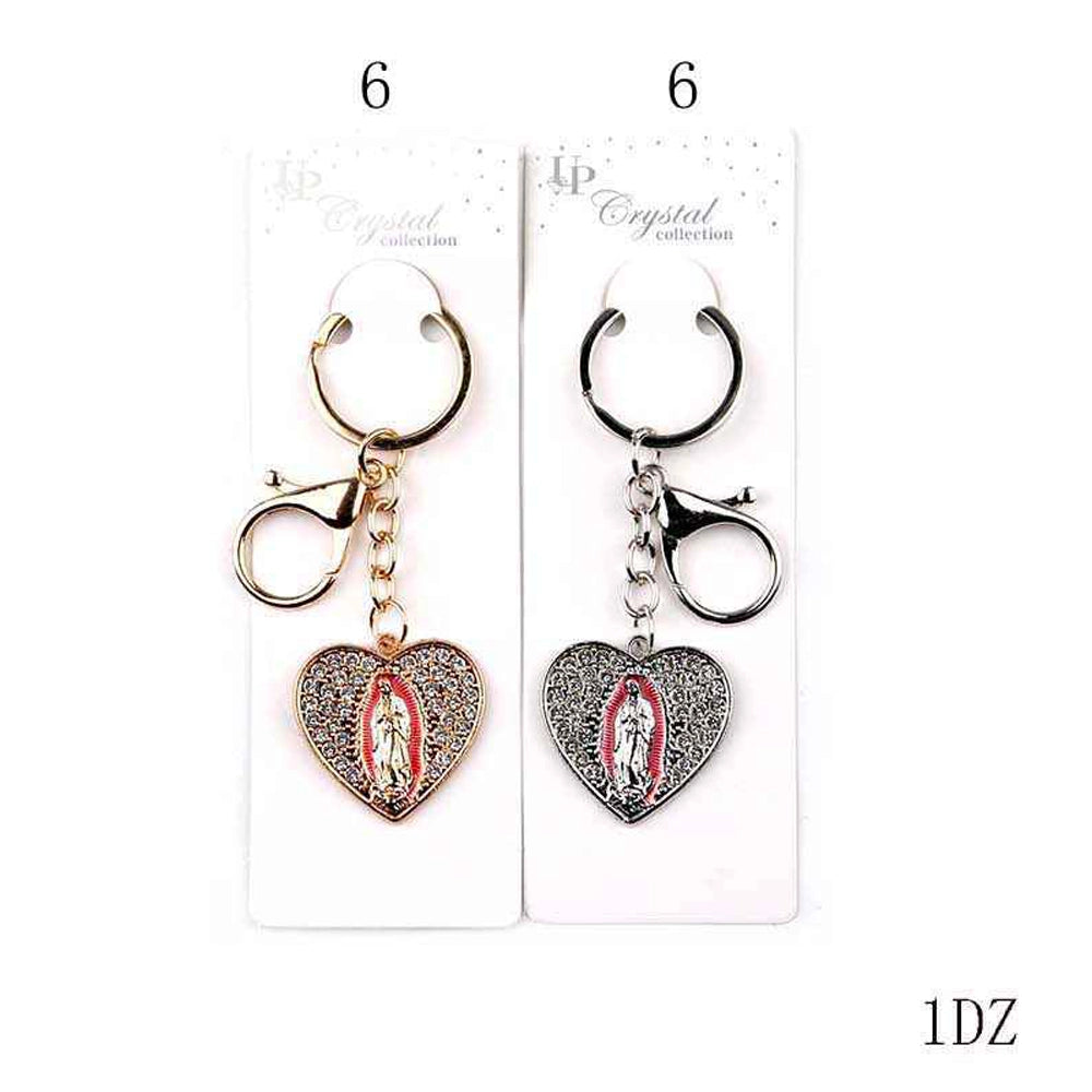 Virgin Mary Heart Keychain - Crystal Encrusted Religious Charm (YNV-1645)