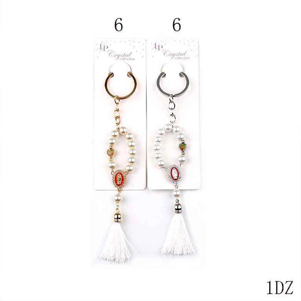 Virgin Mary Pearl Rosary Keychain with Tassel – Religious Guadalupe Keyring Favor (12 Pack / 1 Dozen) (YNV-1649)