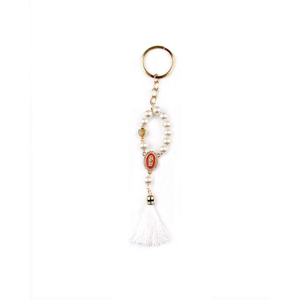 Virgin Mary Pearl Rosary Keychain with Tassel – Religious Guadalupe Keyring Favor (12 Pack / 1 Dozen) (YNV-1649)