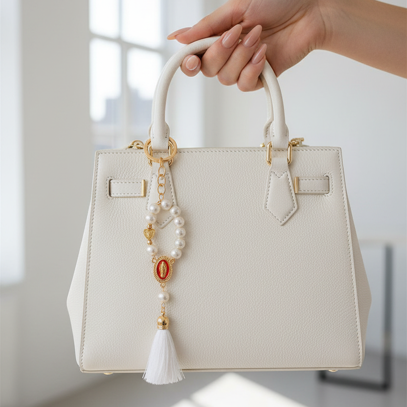 Virgin Mary Pearl Rosary Keychain with Tassel – Religious Guadalupe Keyring Favor (12 Pack / 1 Dozen) (YNV-1649)