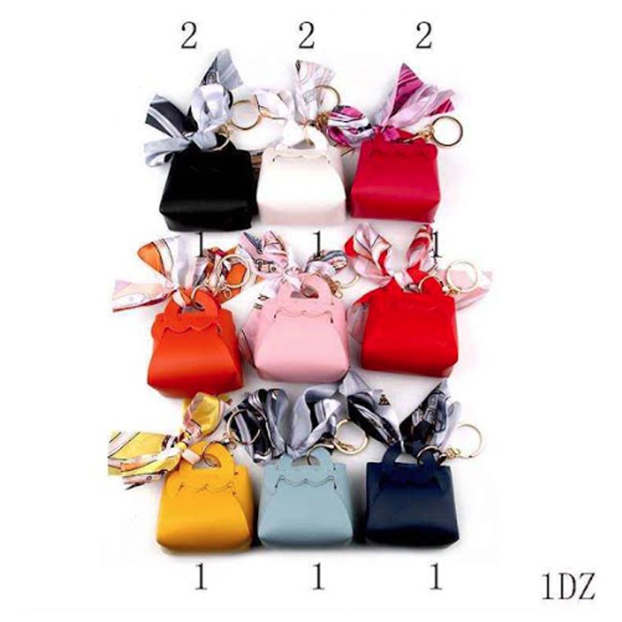 Mini Handbag Keychain Charm with Printed Silk Scarf Accent – Faux Leather Purse Bag Charm & Key Ring (8x9cm) (YNV-1672R)