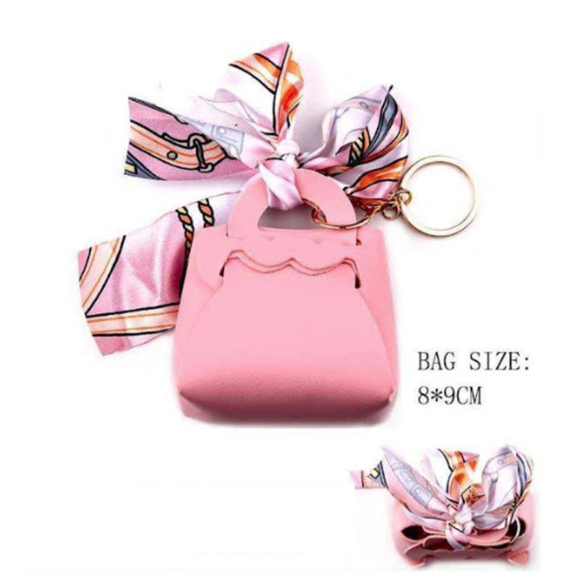 Mini Handbag Keychain Charm with Printed Silk Scarf Accent – Faux Leather Purse Bag Charm & Key Ring (8x9cm) (YNV-1672R)