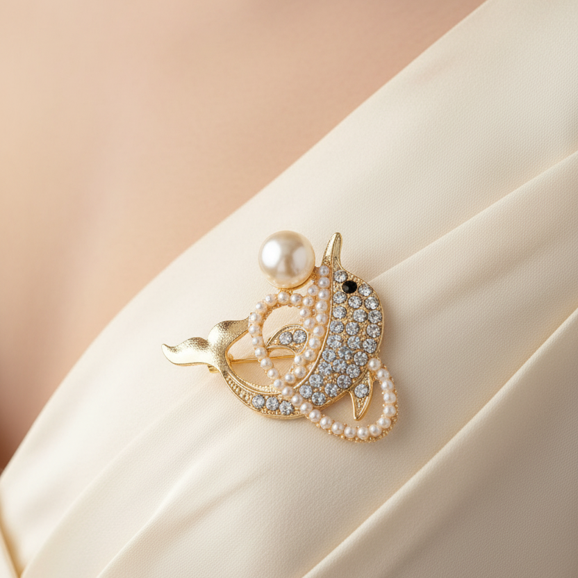 Elegant Dolphin Crystal Brooch Pin with Faux Pearl – Sparkling Marine Animal Badge for Women, Luxury Rhinestone Shawl & Lapel Pin Jewelry Gift (Gold & Silver, 5cm) (YNV-1689)