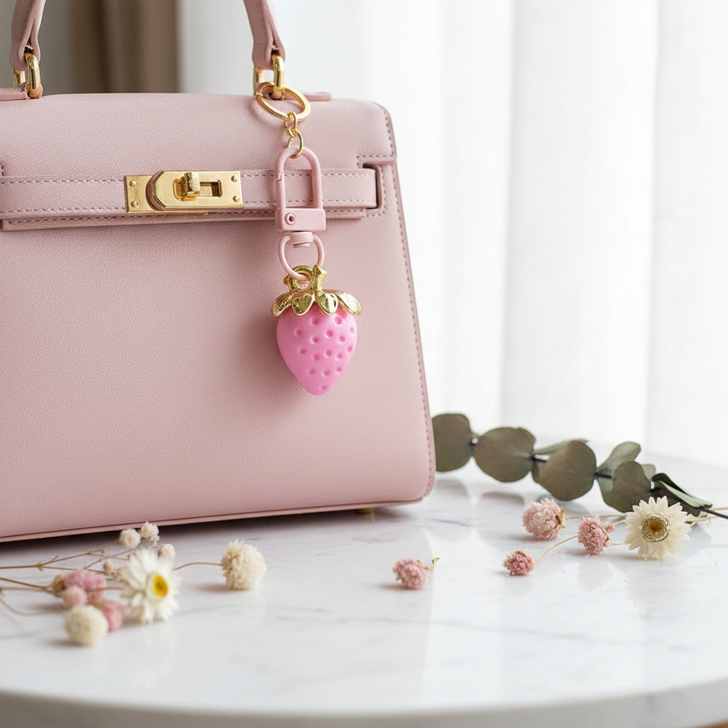 Cute Strawberry Charm Keychain | Pastel Pink & Red Fruit Bag Charm, 7cm Plastic/Enamel Keyring | Assorted 12-Pack (YNV-1709R)