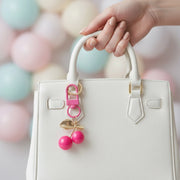 Cute Cherry Bag Charm & Keychain | Glossy Fruit Keyring with Gold Leaves & Swivel Lobster Clasp (7 cm) (YNV-1710R)
